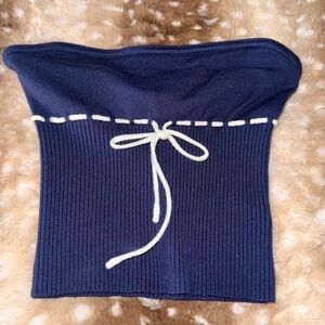 Navy Strapless Knit Tube Top with White Tie